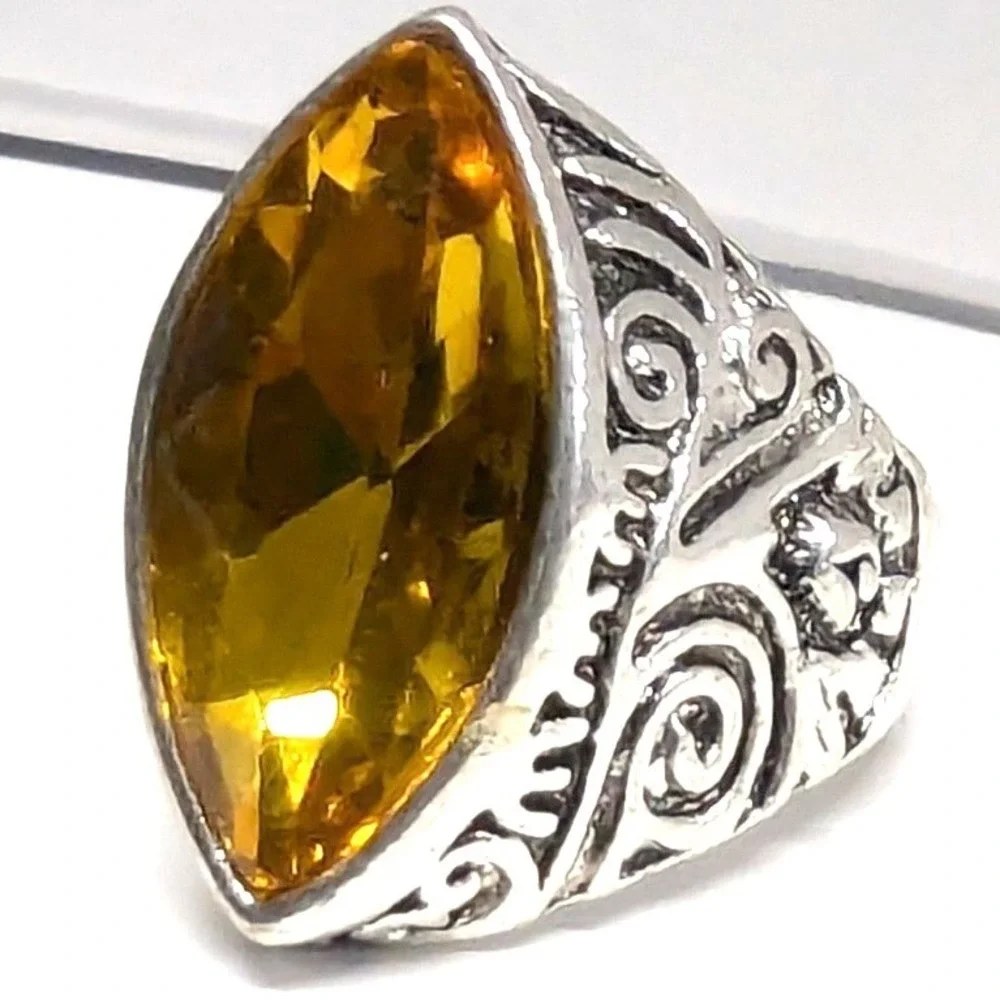 SilverTone Marquise Faceted Yellow Citrine November Statement Ring Plus‎ Size 11